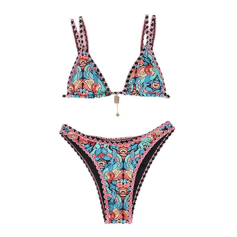 Retro 4-colour printed women's bikini swimwear in polyester fabric