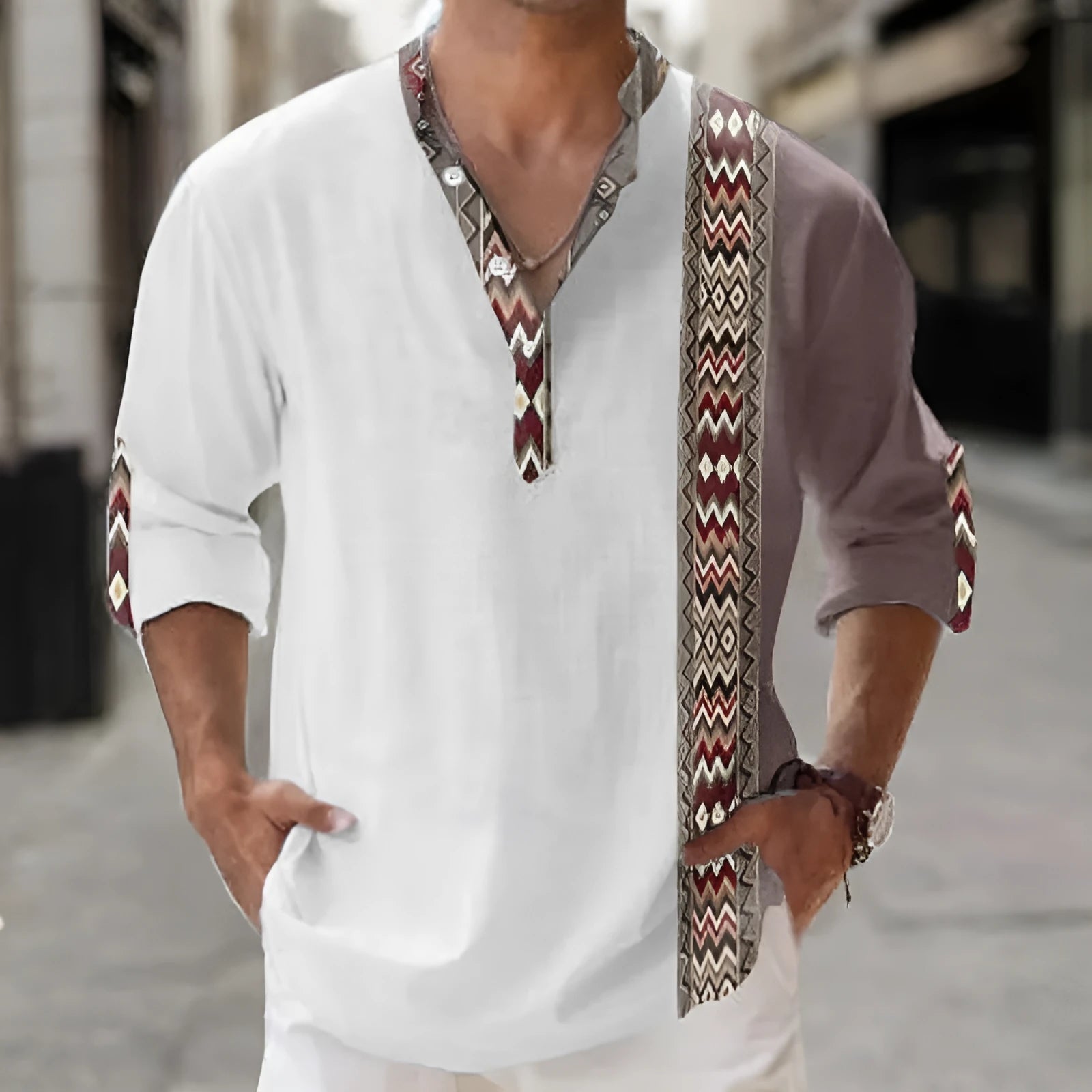 Thin casual Hawaiian-style shirt with digital bamboo linen stripes and long sleeves
