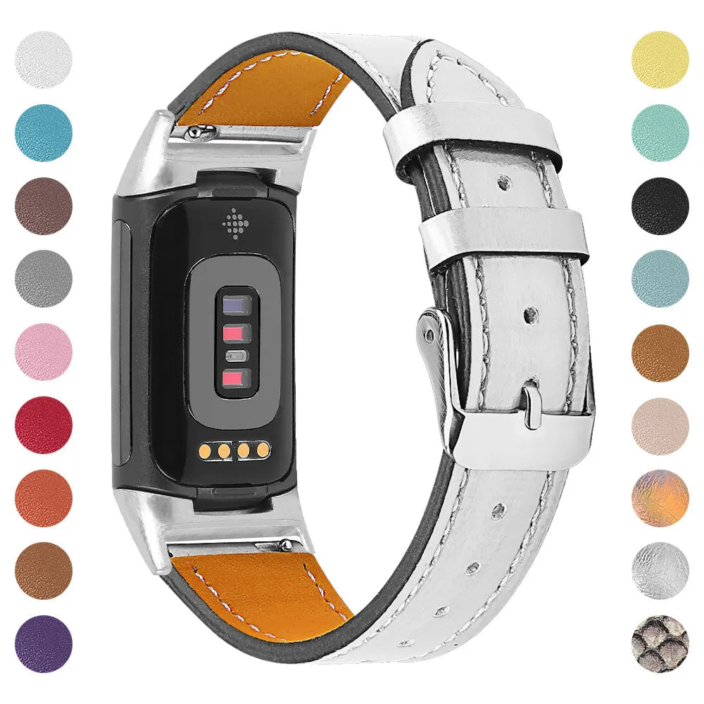 Genuine leather replacement strap for Fitbit Charge 5 and Charge 6 smartwatches in multiple colour options.