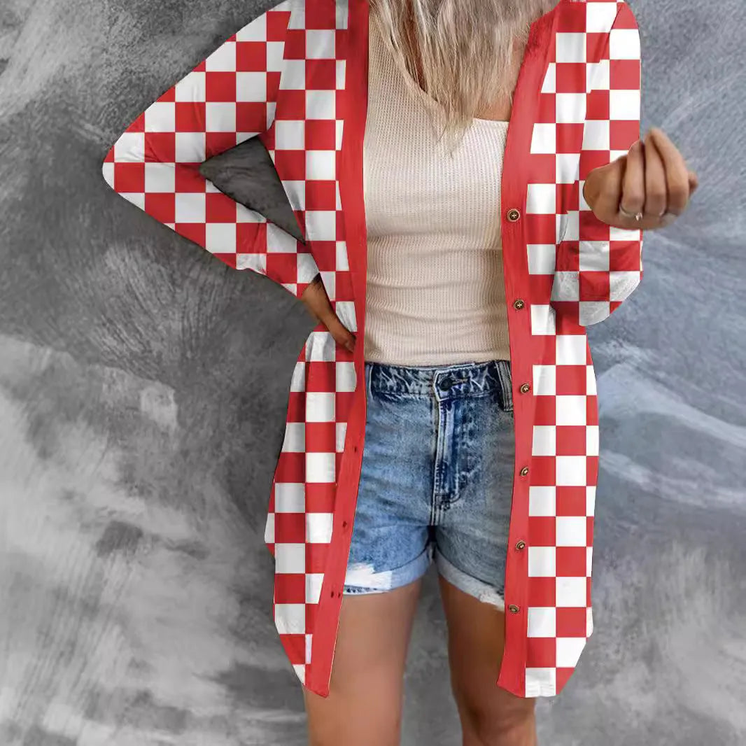 Women's long loose knitted cardigan coat with plaid contrast color pattern in street fashion style