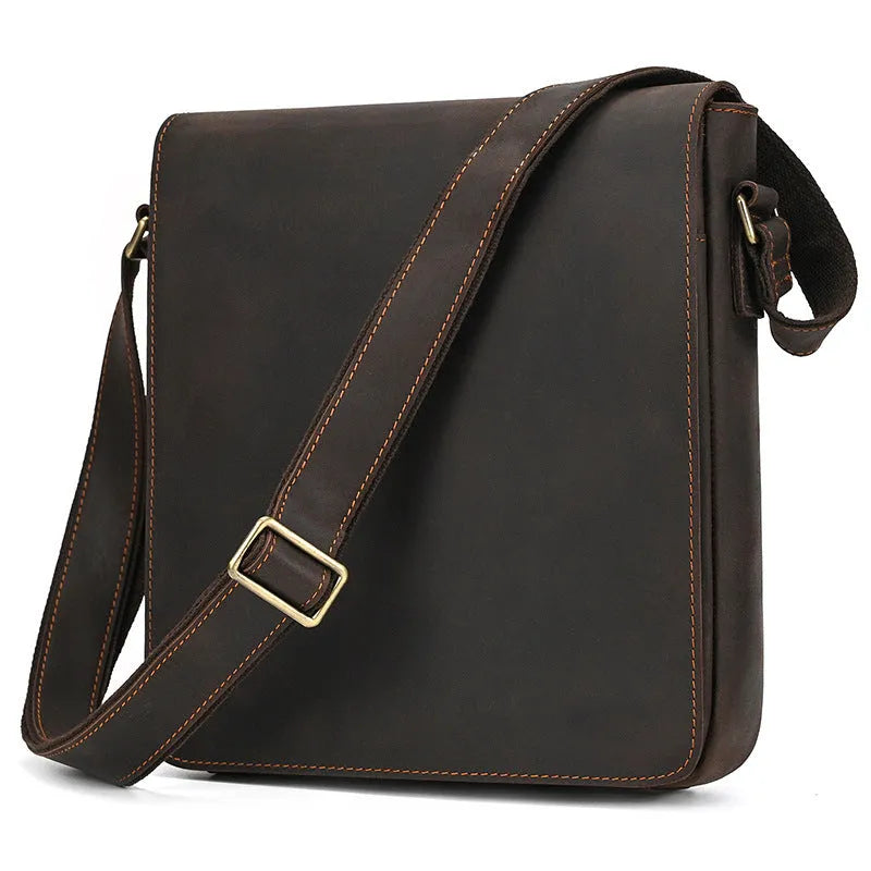 Men's brown leather crossbody shoulder bag with retro styling and sewing detail accents