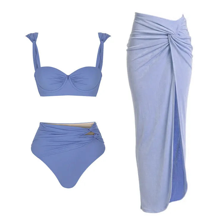 Women's solid colour one-piece swimsuit with a detachable skirt in assorted colours.