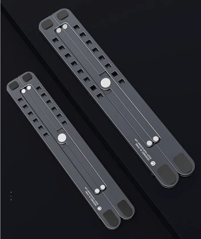 Foldable aluminium laptop stand in silver, shown open in use and closed for storage.