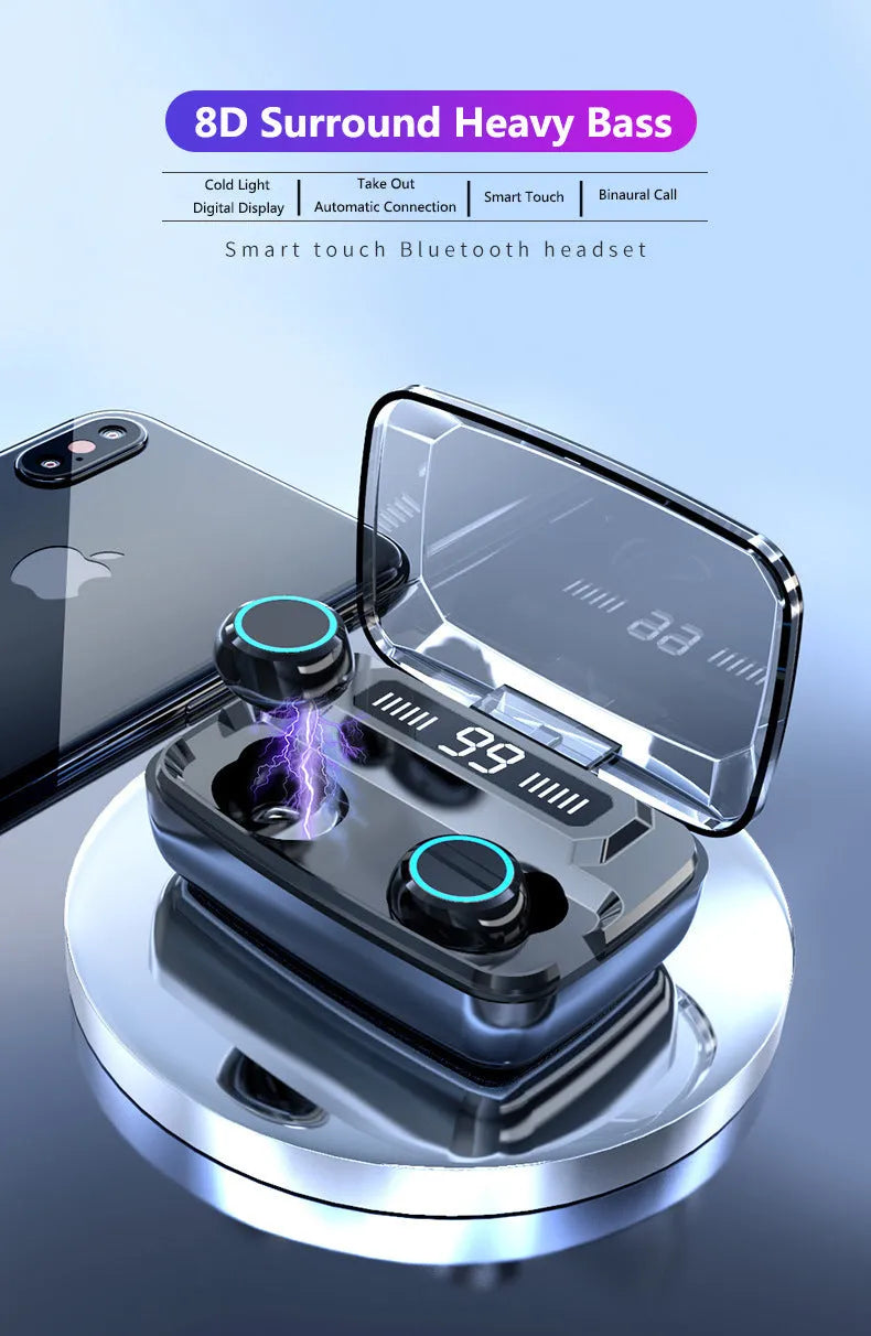 Black M11 wireless Bluetooth in-ear headphones with a digital display charging case.