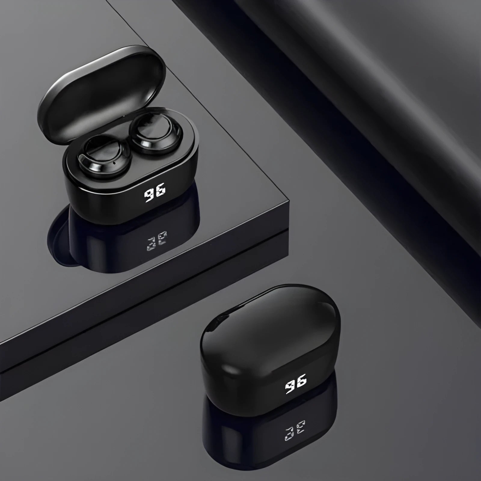 Black stereo Bluetooth headset with bilateral ear design showing wireless connectivity features