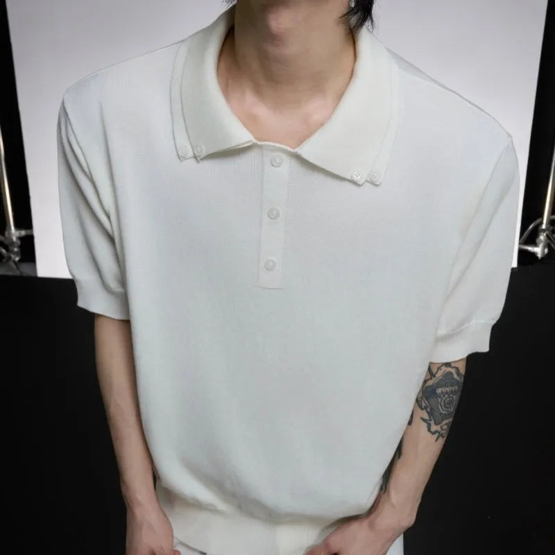 Men's black knit shirt with double collar design and short sleeves