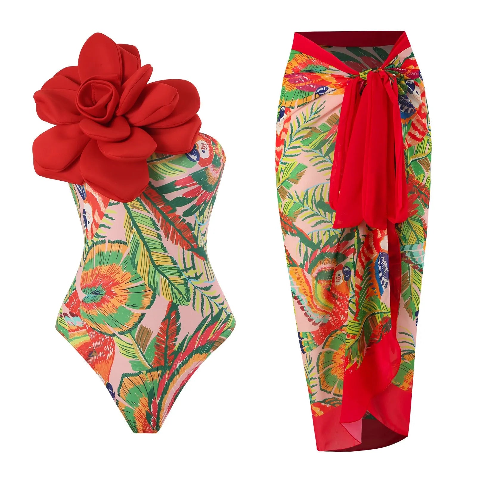 Women's blue printed one-piece swimsuit with matching gauze skirt set