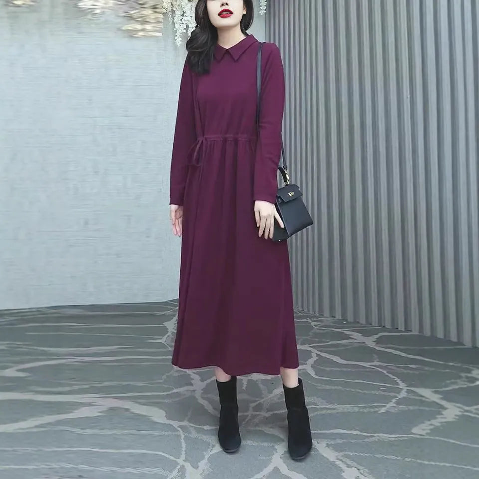 Purplish red women's long sleeve maxi dress with urban style design for autumn and winter wear
