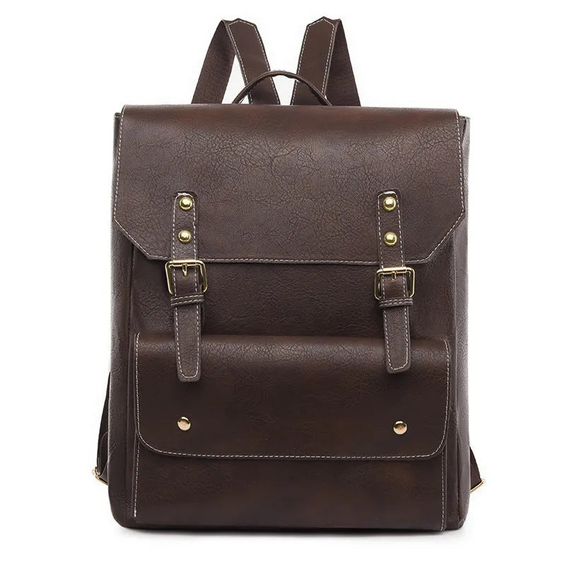 Korean style retro backpack in soft PU material shown in a dark brown colour.