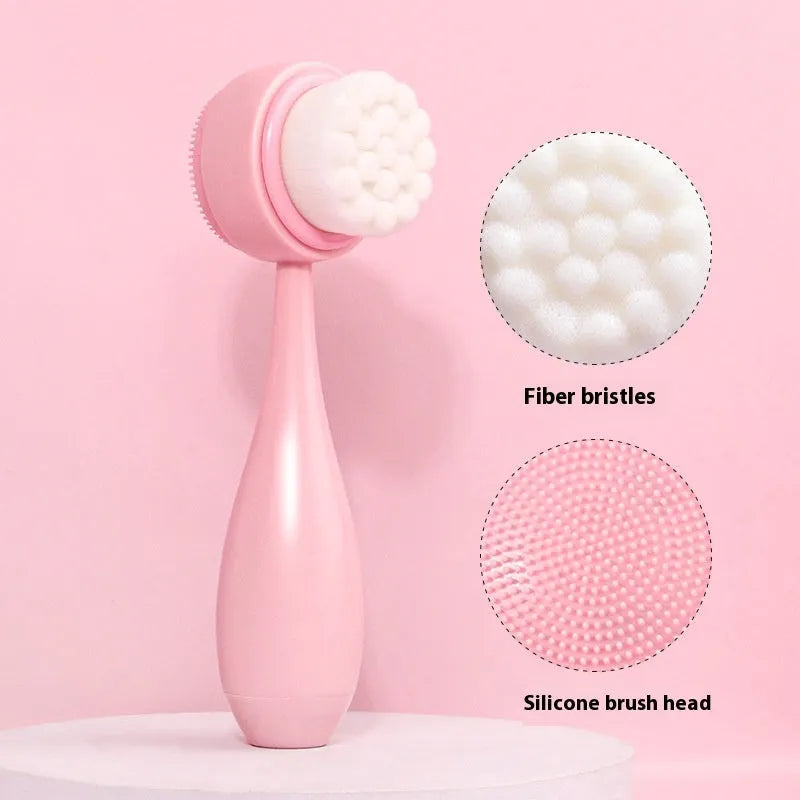 Keep dry facial brush set with plastic handle, coral fleece hair band, and stack of purple and pink face wash sponge suits.