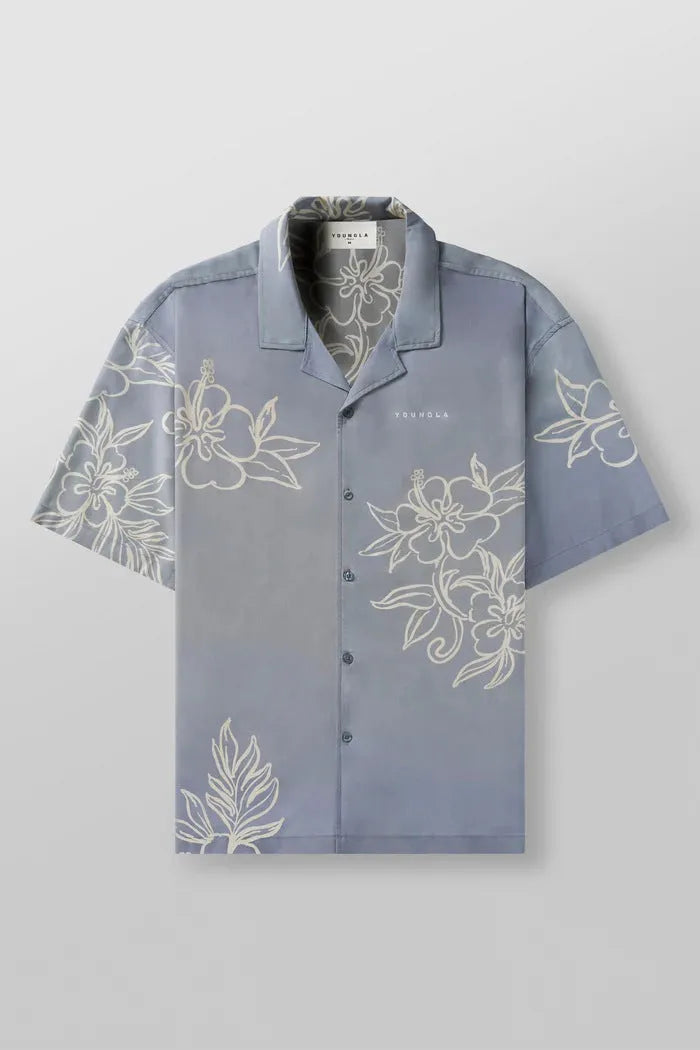 Men's loose fitting short sleeve top with floral print pattern in lightweight polyester fabric