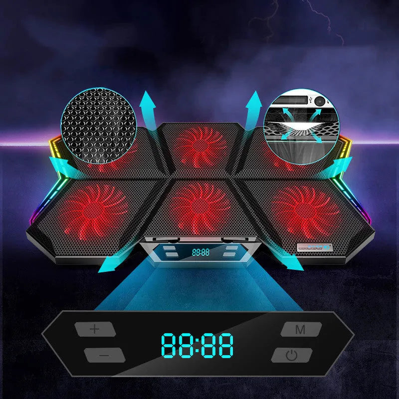 Black and red notebook radiator with six cooling fans for laptop heat dissipation