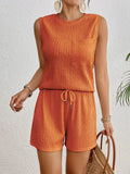 Women's solid colour sleeveless round neck vest with matching shorts in apricot