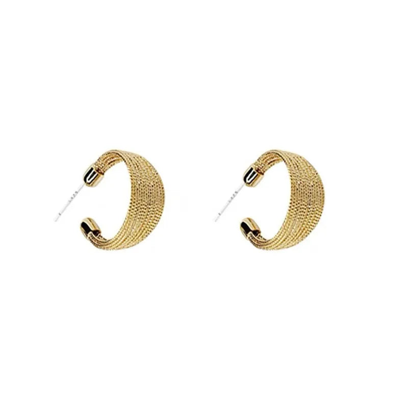 Women's geometric copper bracelet earrings with electroplated silver or gold finish in stud and clip styles