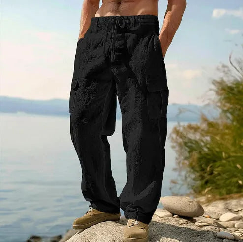 Men's cotton wide-leg trousers in light army green colour with casual mid waist design