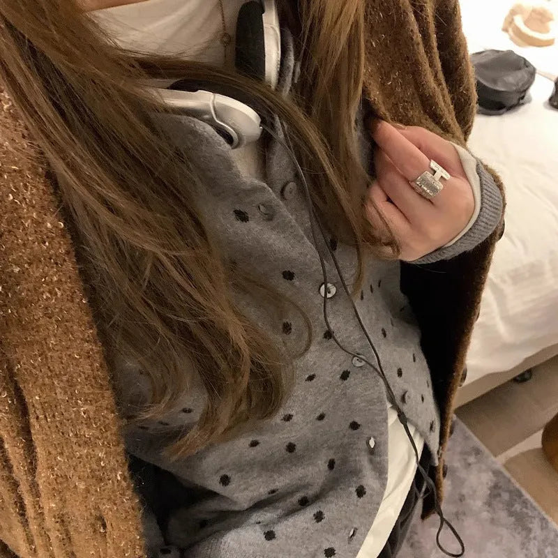 Women's grey dot crochet knitted cardigan with long sleeves and loose fit