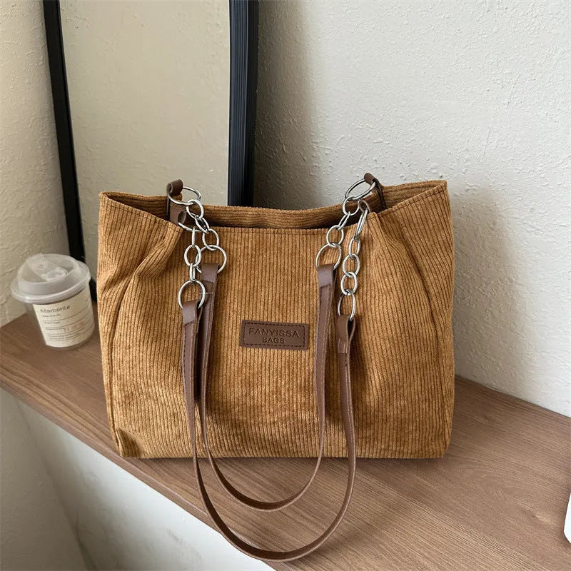 Corduroy one-shoulder tote handbag with large capacity and horizontal square design