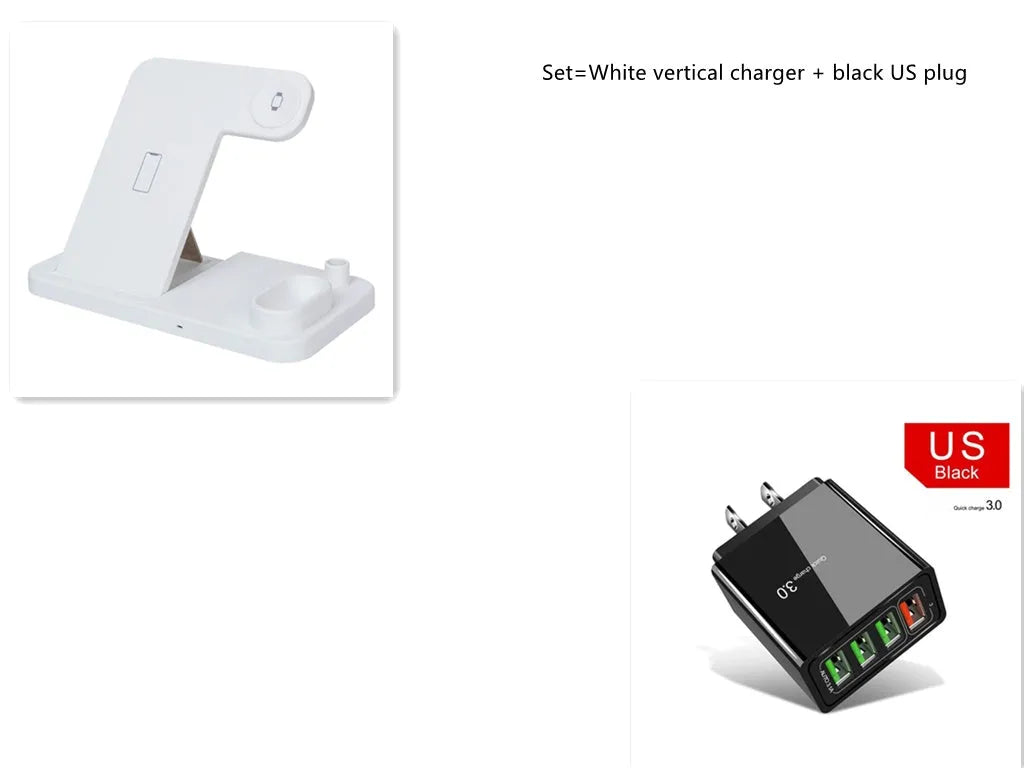 Black 4-in-1 wireless charging station showing phone, Apple Watch, AirPods, and Apple Pencil charging simultaneously.
