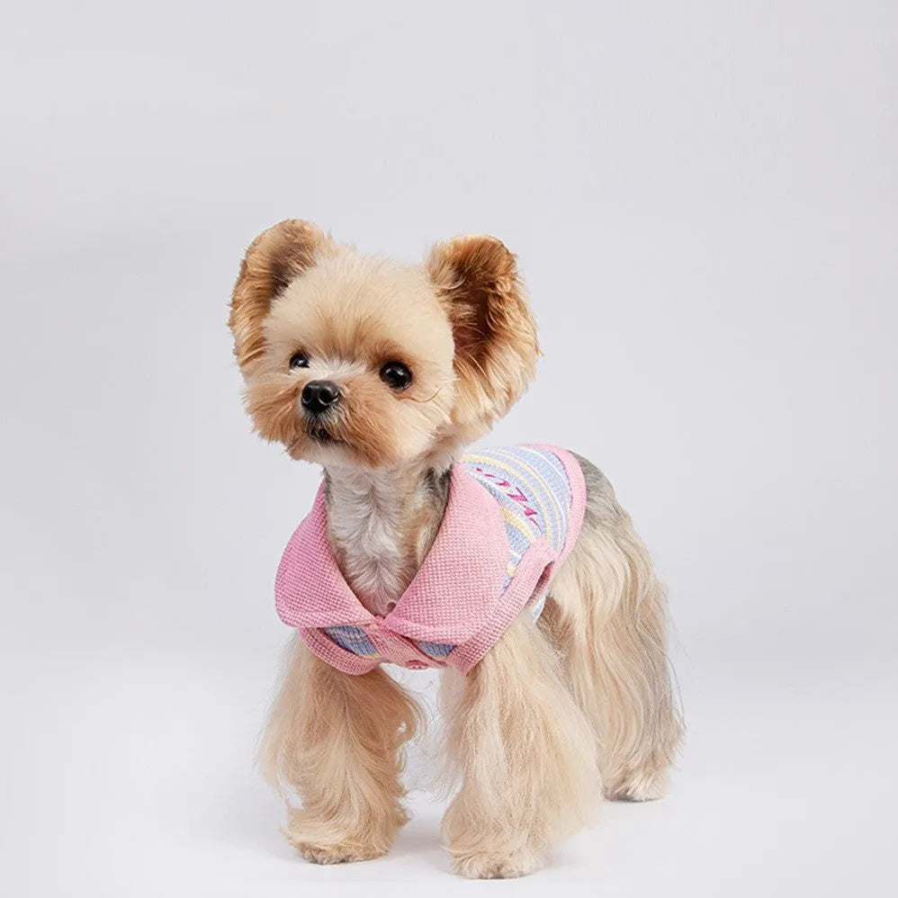 Pink purple autumn vest for a small dog or cat showing weight-based size tags from XXS to XXL.