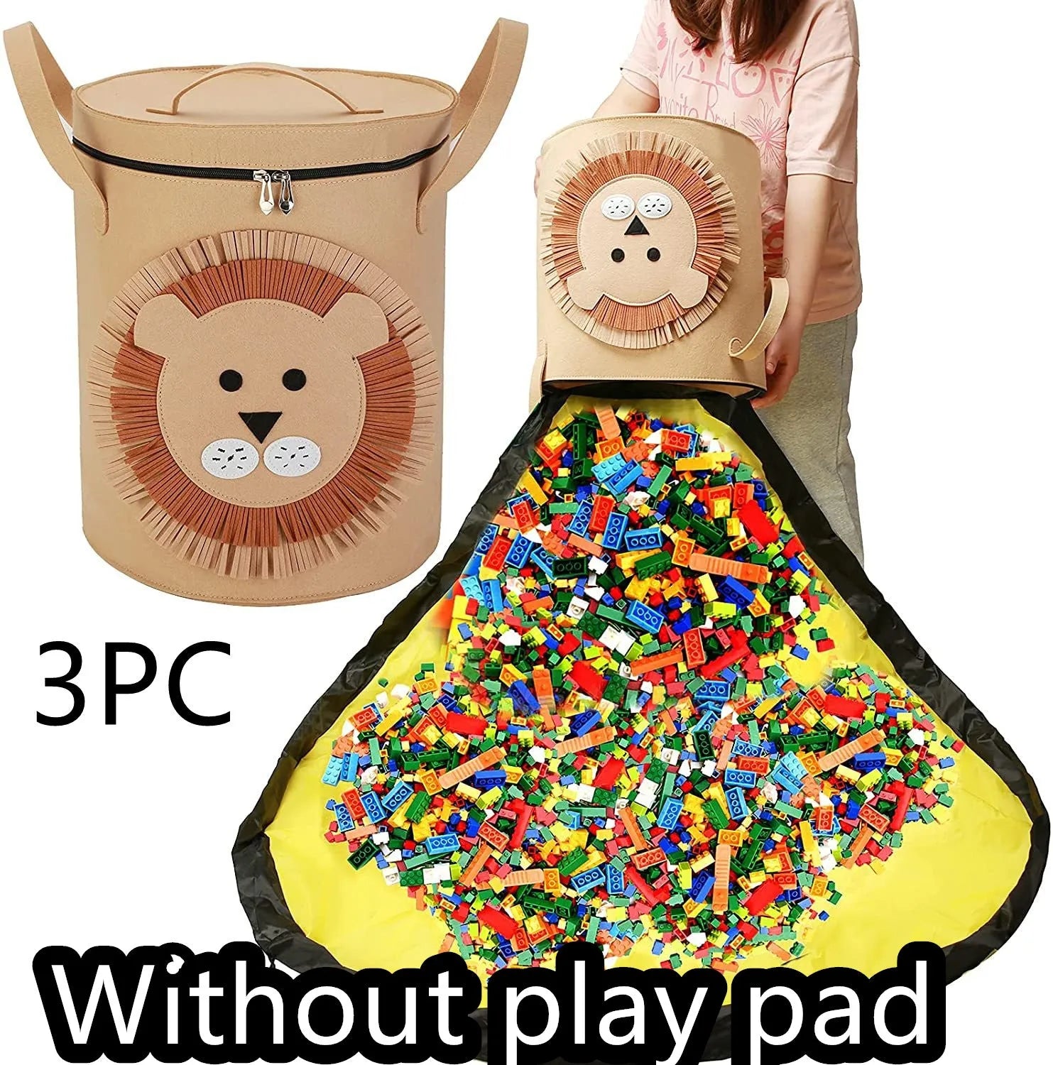 Green felt cube storage bag with pull rope shown as both toy container and play mat