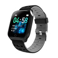 F16 smart watch with ECG monitor on black grey silicone wristband showing blood pressure display