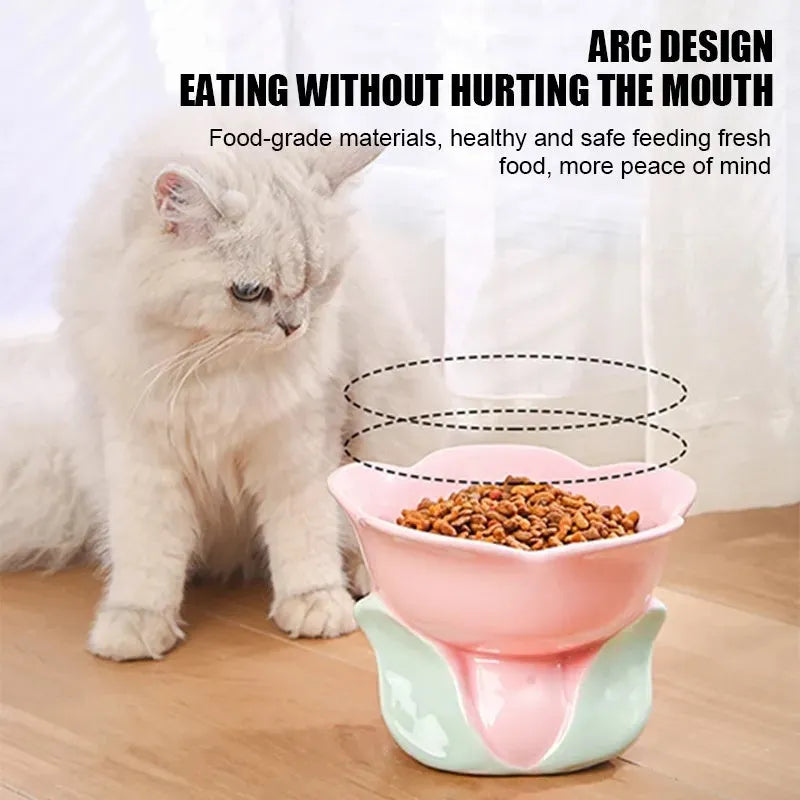Blue ceramic elevated pet bowl with floral pattern and non-slip base for cats or small dogs.