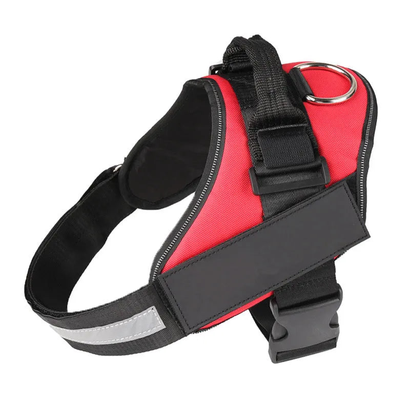 A reflective adjustable no-pull dog harness in a vest style, shown on a dog with a personalised patch.