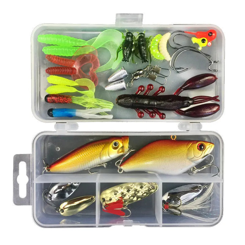 Junior fishing lure suit set in PP plastic storage box with multiple artificial baits
