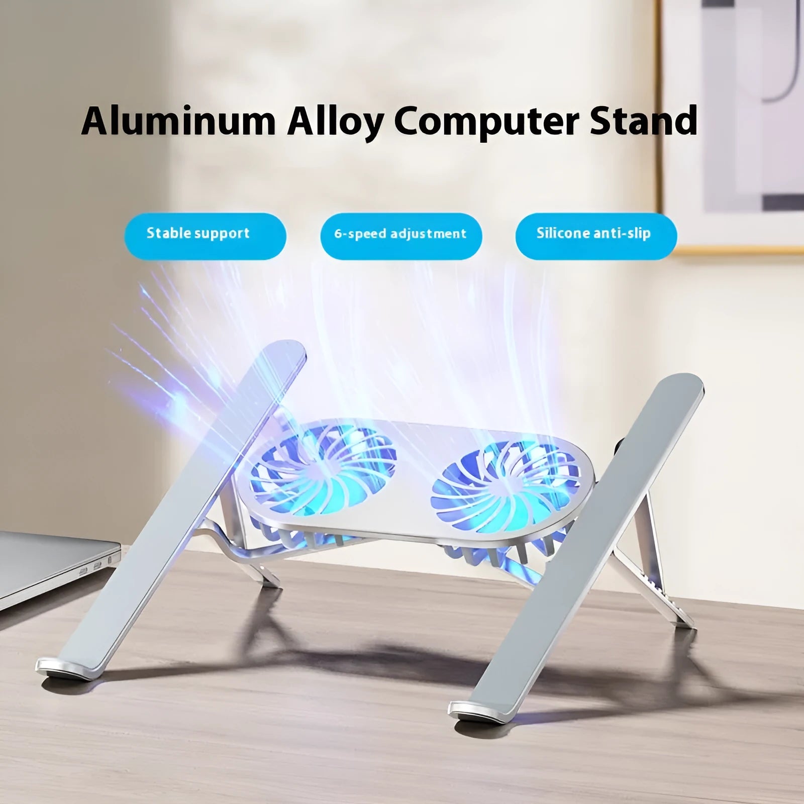 Aluminium alloy laptop cooling stand with dual fans and adjustable height mechanism, shown in silver colour