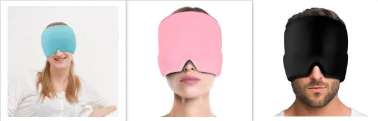 Black elastic cloth gel cold therapy eye mask for headache relief on grey background.