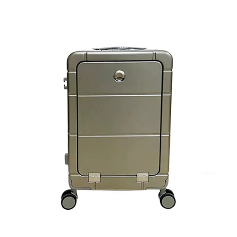 20-inch front opening suitcase in multiple colours showing wet-dry compartments and cup holder.