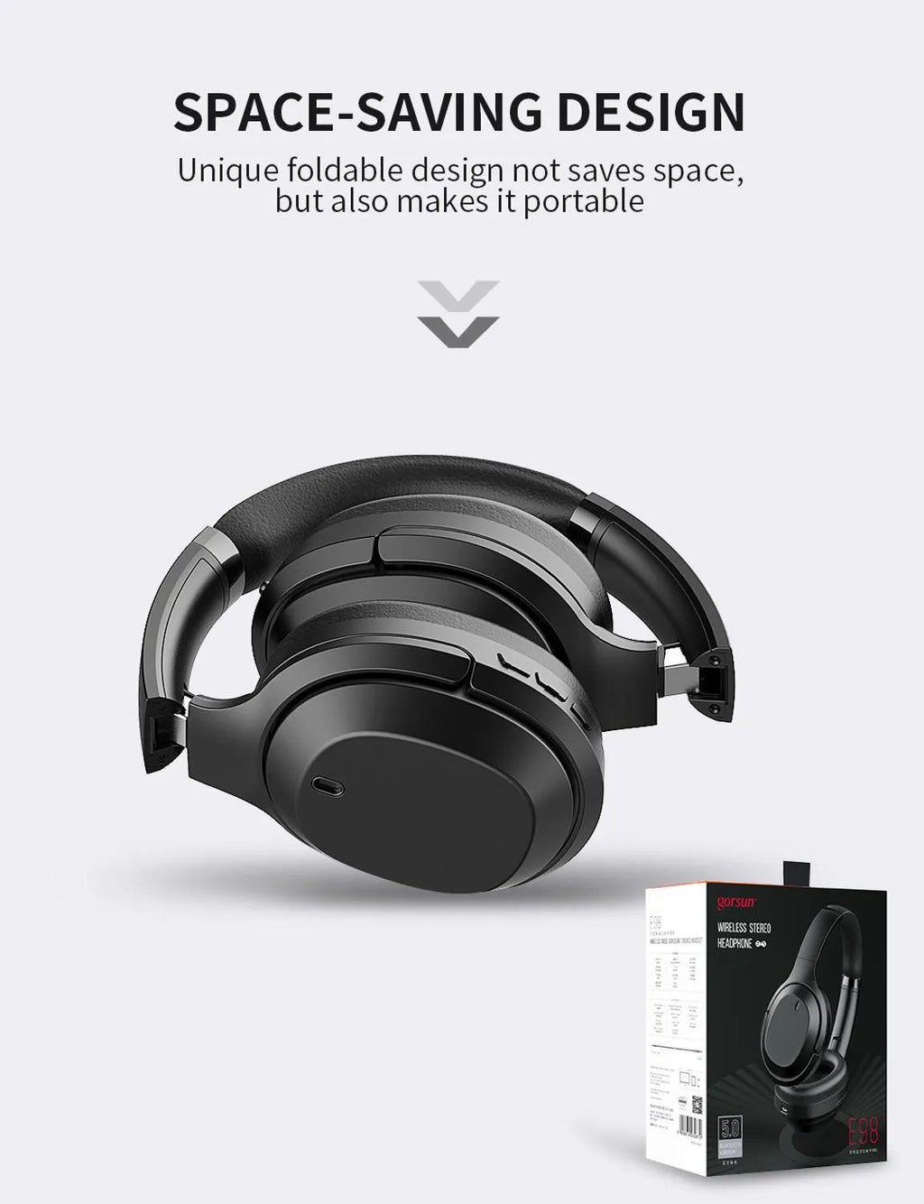 Black Gorsun E98 Bluetooth 5.0 over-ear wireless headset with stainless steel slider and memory protein ear cushions