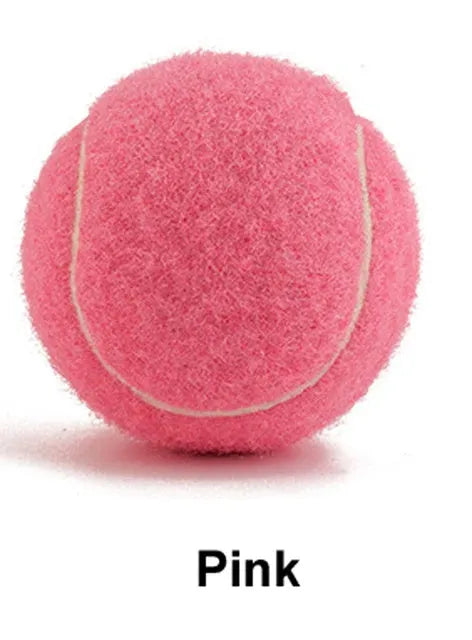 Colourful 6.3cm diameter rubber dog tennis ball toy in blue, green, pink, and red on a white background.