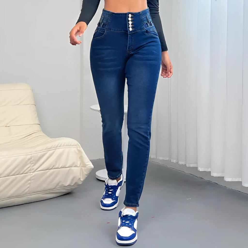 Dark blue women's jeans trousers with breasted straight-leg design and skinny fit street hipster style