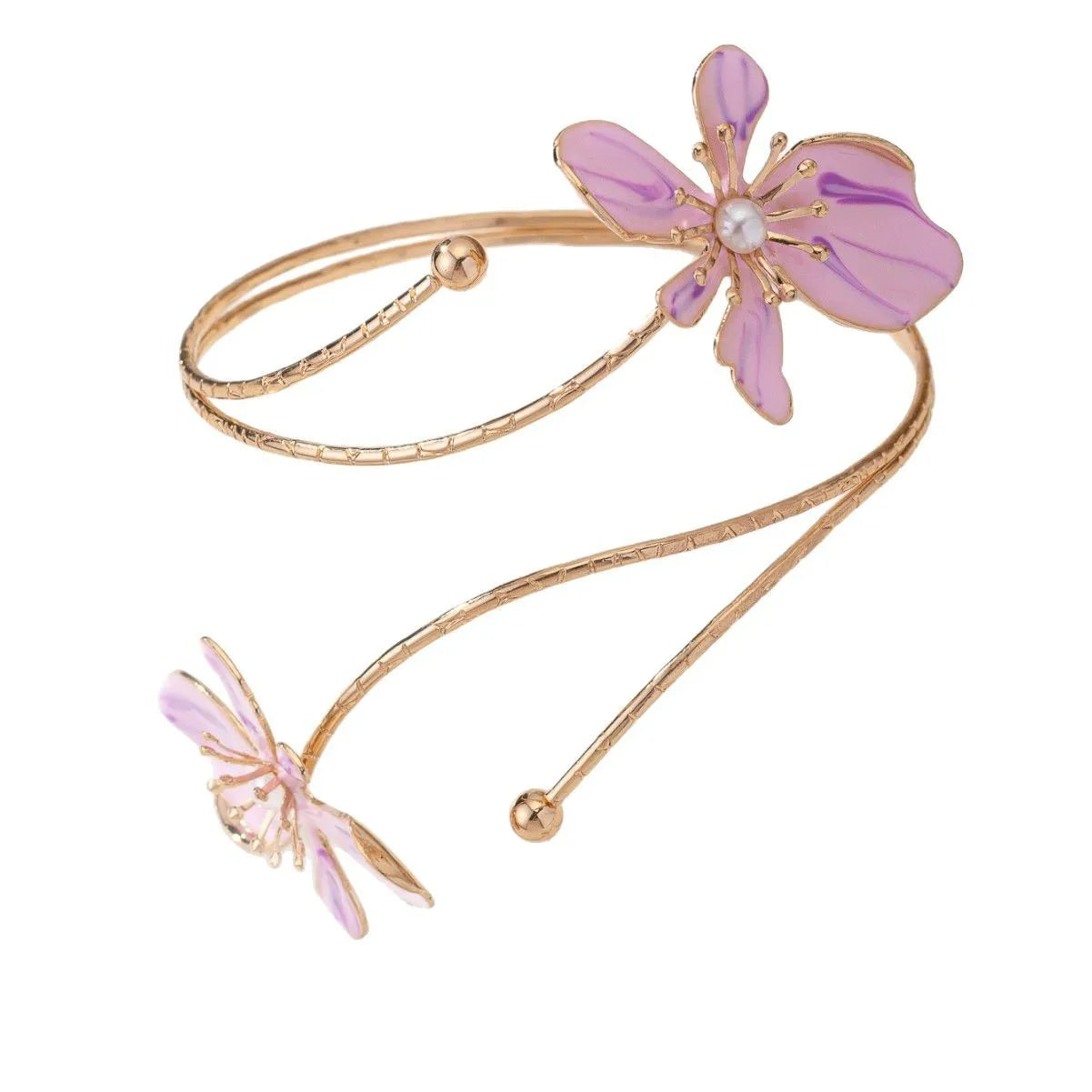 Pink alloy armband with hollow pattern design showing adjustable sizing and cut-out details
