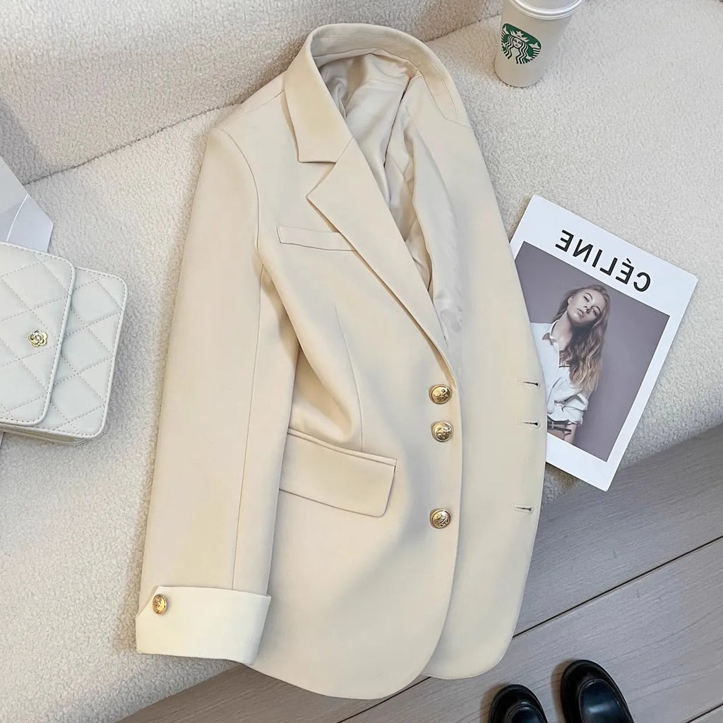 Women's Korean-style loose polyester coat in milky white with pockets