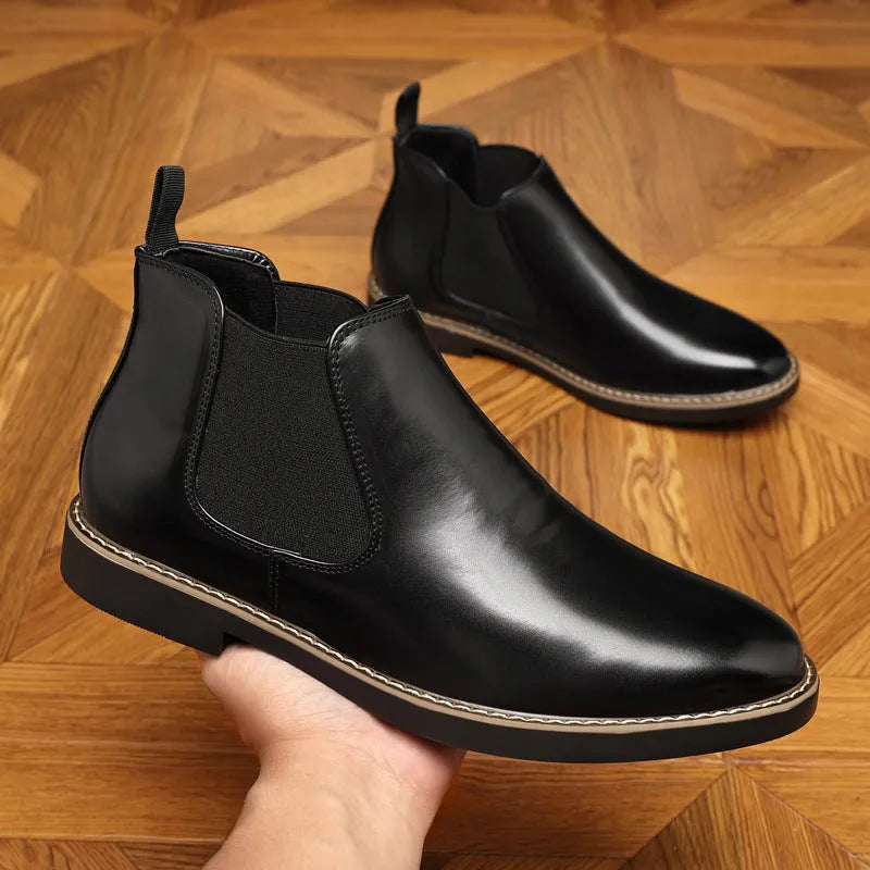 Men's black formal pointed-toe leather boots with square heel on rubber sole