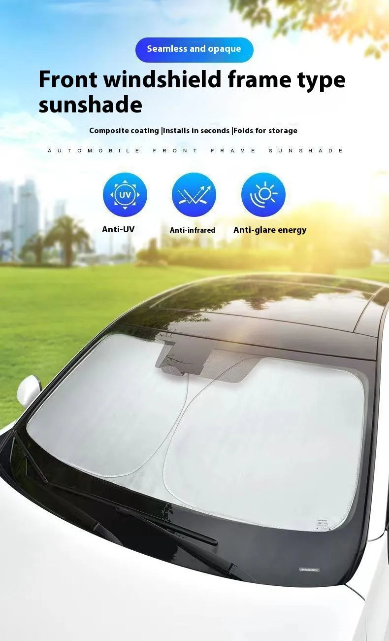 Aluminium foil car sunshade showing reflective silver surface with size dimensions displayed