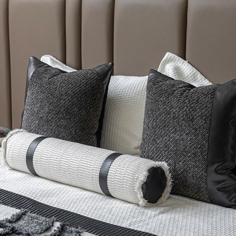Grey and white plaid polyester bed runner blanket set with pillowcase on a modern double bed.