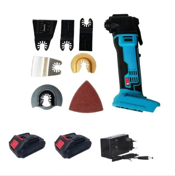 Rechargeable cordless lithium battery garden trimming machine with metal construction and plastic accessory box.