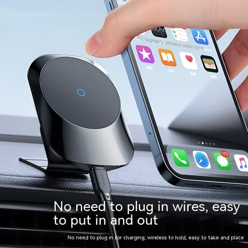 Black magnetic car wireless charging stand mounted on car dashboard with smartphone attached