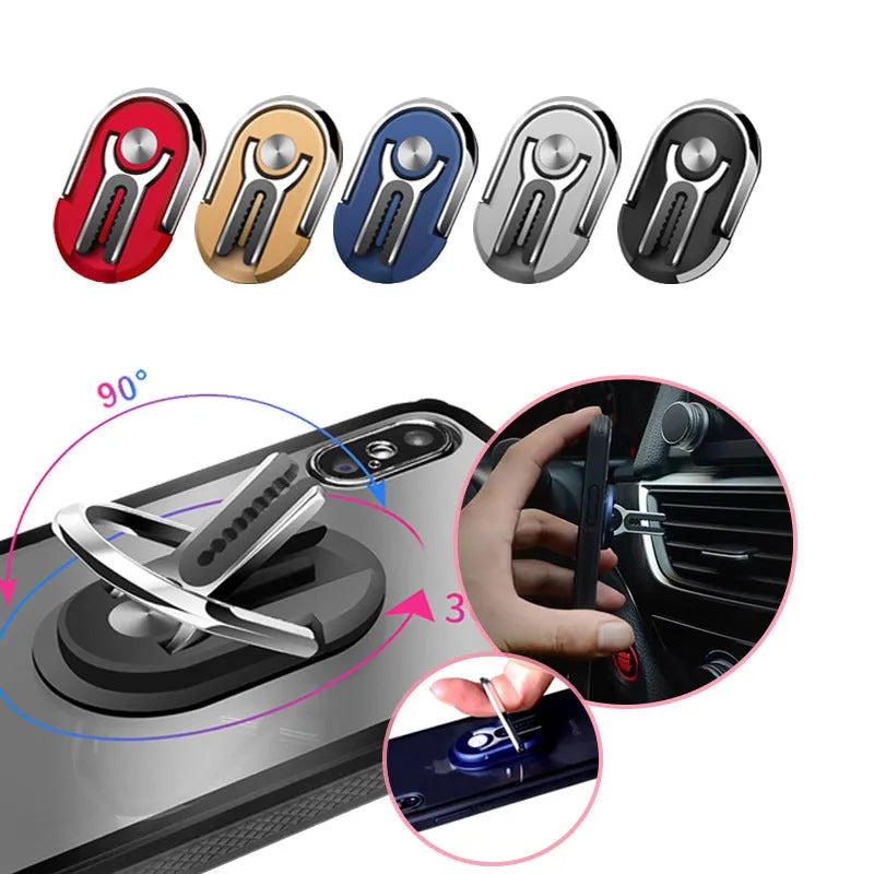 Universal car phone ring bracket in black, silver, blue, gold, or red for dashboard or windscreen mounting.