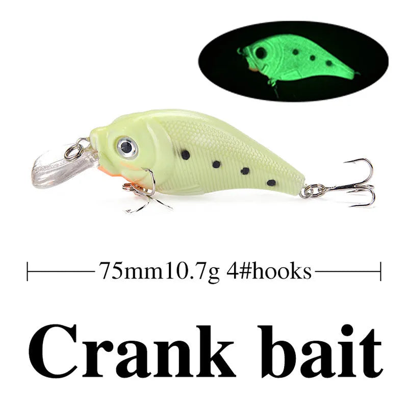 Five 3D fluorescent hard fishing lures with luminous properties for submerged fishing