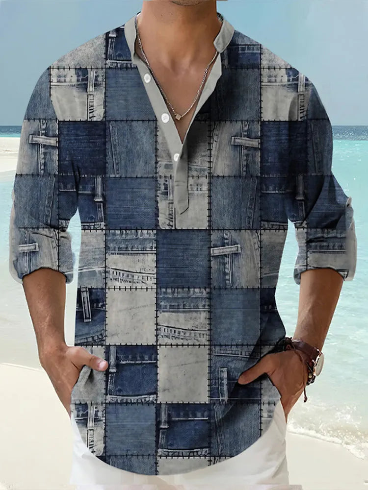 Thin casual Hawaiian-style shirt with digital bamboo linen stripes and long sleeves