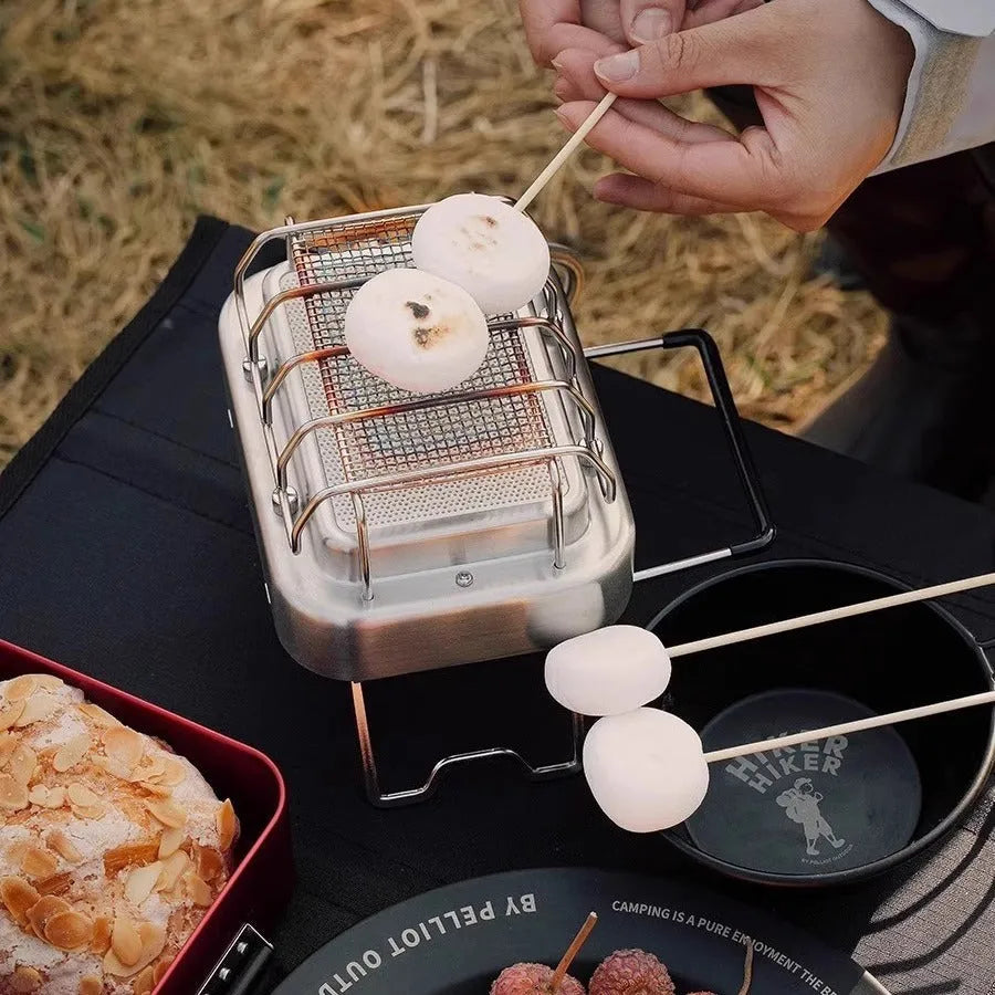 Portable outdoor heating stove with metal finish showing expanded and collapsed sizes