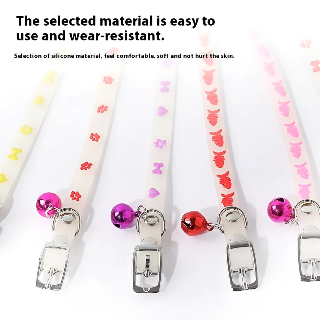 Meow Xinbao luminous cat collar with silicone chain, metal bell, and night-time glow feature