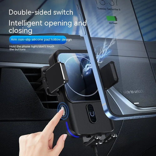 Black car wireless charger mobile phone holder showing both suction cup and clip mounting options for 15W charging