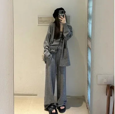 Women's knit cardigan suspender pants three-piece set in wool blend fabric, loose fit casual styling