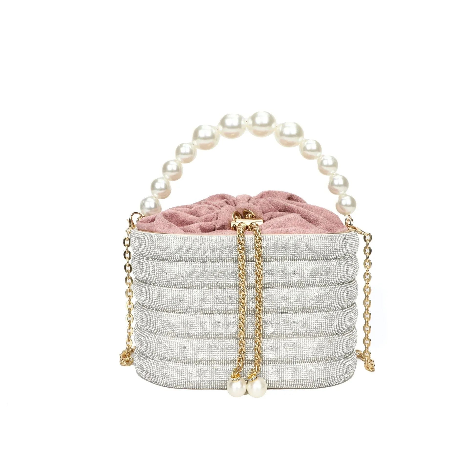 Retro style women's crossbody bag with pearl beading decoration and round shape