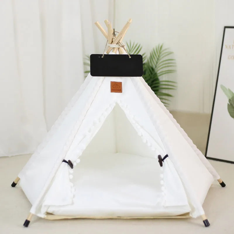 Striped flax and linen pet teepee tent with removable cushion for small dogs or cats.